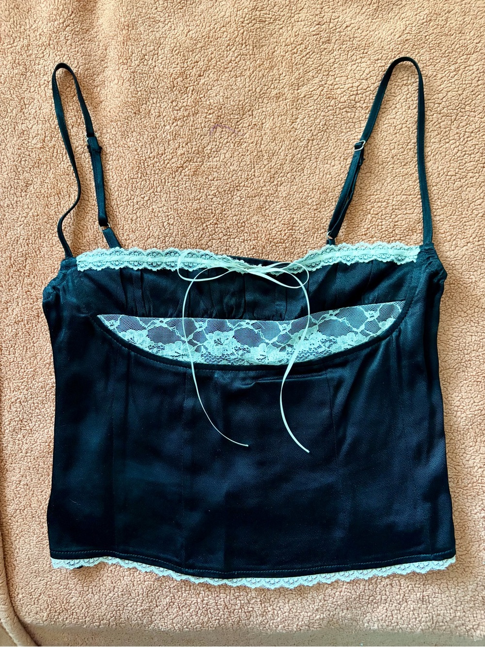Black Satin with White Lace-Trim Cami Tank Top